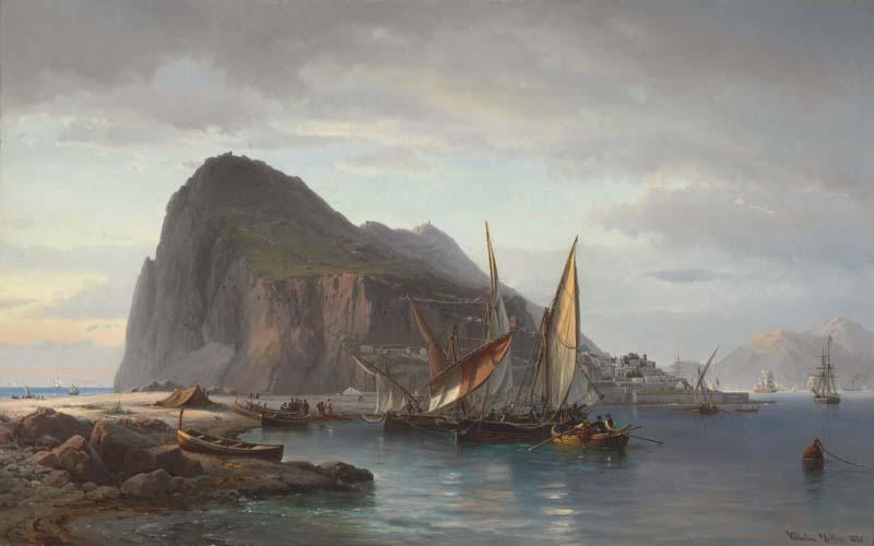 Vilhelm Melbye Shipping off Gibraltar oil painting picture